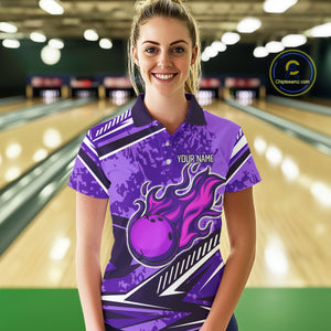 Purple Camo Flame Bowling Shirts For Women Custom Bowling Team Jerseys NQS10754