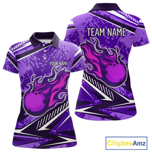 Purple Camo Flame Bowling Shirts For Women Custom Bowling Team Jerseys NQS10754