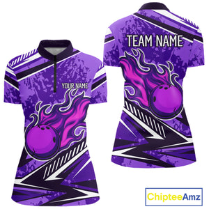 Purple Camo Flame Bowling Shirts For Women Custom Bowling Team Jerseys NQS10754
