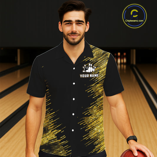 Black and Gold Flame Bowling Hawaiian Shirt Custom Team Bowling jerseys, Gift For Bowlers NQS11342