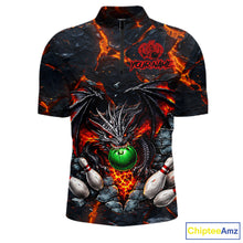 Load image into Gallery viewer, Custom Black And Orange Magma Dragon Bowling Shirts, Dragon Bowling Team Polo, 1/4 zip Jersey For Men NQS11559