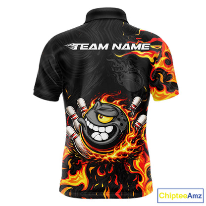 Funny Angry Bowling Polo, 1/4 Zip Shirt for Men Custom Black and Orange Flame Bowling Team jerseys NQS11683