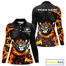 Load image into Gallery viewer, Funny Angry Bowling Polo, 1/4 Zip Shirt for Women Custom Black and Orange Flame Bowling Team jerseys NQS11683