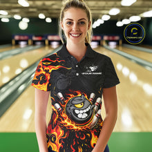 Load image into Gallery viewer, Funny Angry Bowling Polo, 1/4 Zip Shirt for Women Custom Black and Orange Flame Bowling Team jerseys NQS11683
