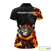 Load image into Gallery viewer, Funny Angry Bowling Polo, 1/4 Zip Shirt for Women Custom Black and Orange Flame Bowling Team jerseys NQS11683