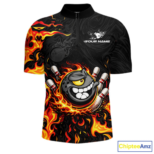 Funny Angry Bowling Polo, 1/4 Zip Shirt for Men Custom Black and Orange Flame Bowling Team jerseys NQS11683