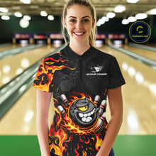 Load image into Gallery viewer, Funny Angry Bowling Polo, 1/4 Zip Shirt for Women Custom Black and Orange Flame Bowling Team jerseys NQS11683