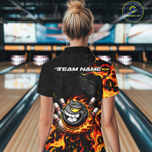 Load image into Gallery viewer, Funny Angry Bowling Polo, 1/4 Zip Shirt for Women Custom Black and Orange Flame Bowling Team jerseys NQS11683