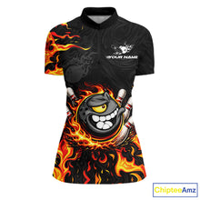 Load image into Gallery viewer, Funny Angry Bowling Polo, 1/4 Zip Shirt for Women Custom Black and Orange Flame Bowling Team jerseys NQS11683