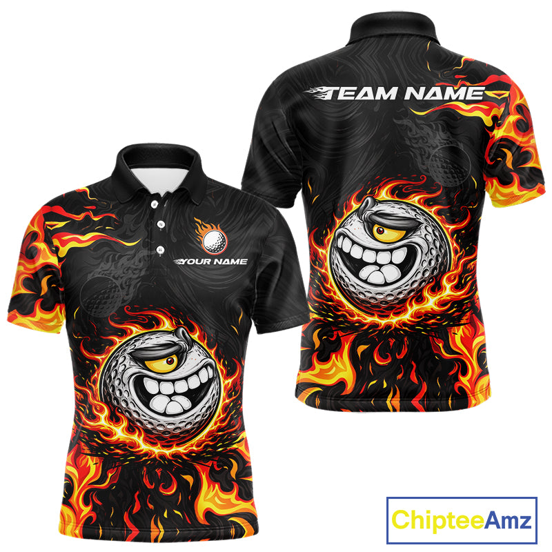 Funny Angry Golf Ball Golf Polo Shirts For Men Custom Black and Orange Flame mens golf apparel NQS11684