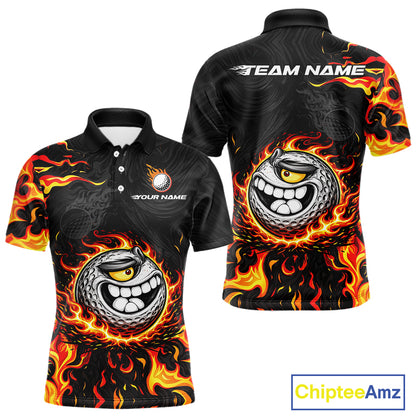 Funny Angry Golf Ball Golf Polo Shirts For Men Custom Black and Orange Flame mens golf apparel NQS11684