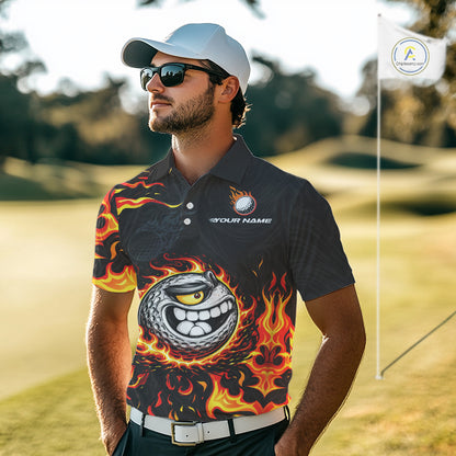 Funny Angry Golf Ball Golf Polo Shirts For Men Custom Black and Orange Flame mens golf apparel NQS11684