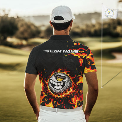 Funny Angry Golf Ball Golf Polo Shirts For Men Custom Black and Orange Flame mens golf apparel NQS11684
