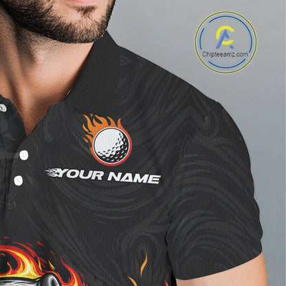 Funny Angry Golf Ball Golf Polo Shirts For Men Custom Black and Orange Flame mens golf apparel NQS11684
