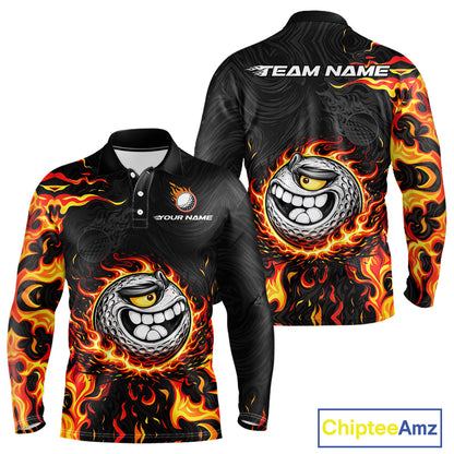 Funny Angry Golf Ball Golf Polo Shirts For Men Custom Black and Orange Flame mens golf apparel NQS11684