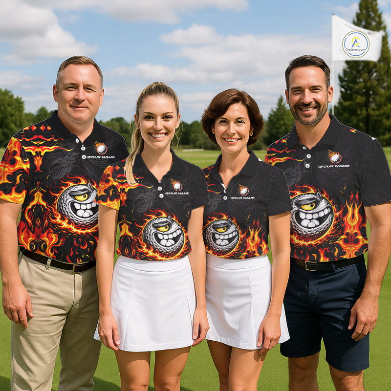 Funny Angry Golf Ball Golf Polo Shirts For Men Custom Black and Orange Flame mens golf apparel NQS11684