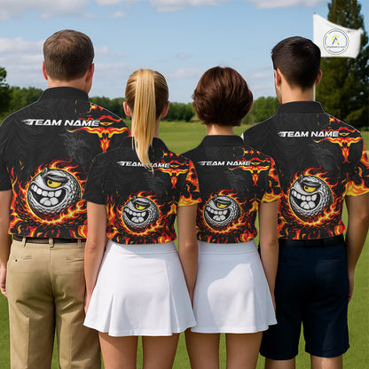 Funny Angry Golf Ball Golf Polo Shirts For Men Custom Black and Orange Flame mens golf apparel NQS11684