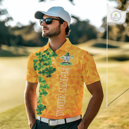 Orange pattern Green clovers St Patrick's Day Mens Golf Polo shirts Custom best golf gifts for men NQS11697