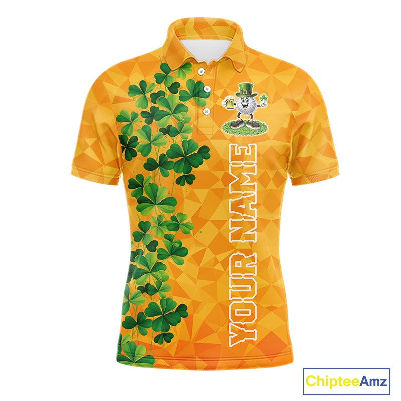 Orange pattern Green clovers St Patrick's Day Mens Golf Polo shirts Custom best golf gifts for men NQS11697