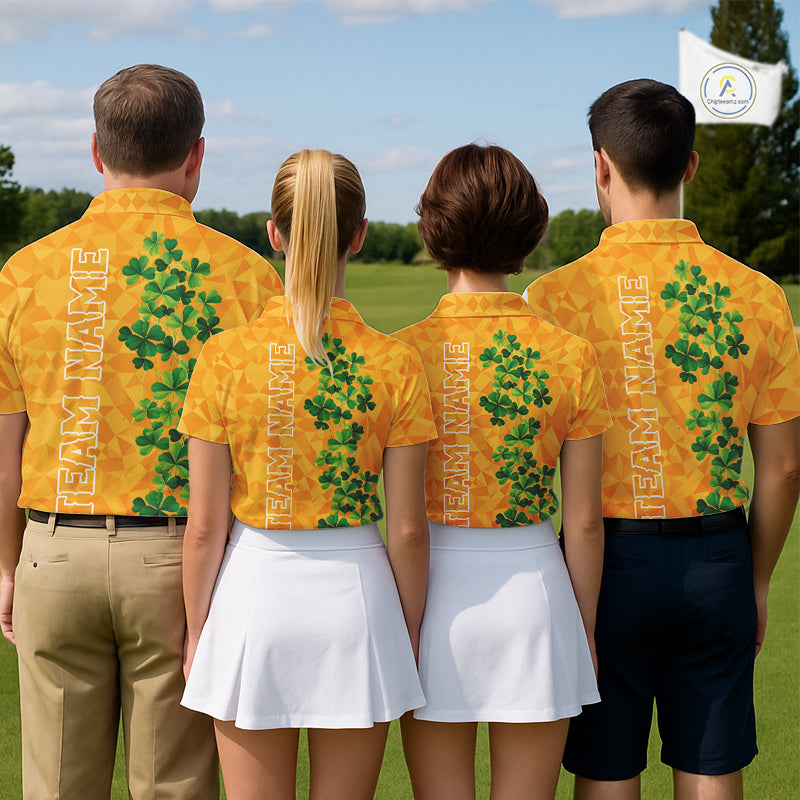 Orange pattern Green clovers St Patrick's Day Mens Golf Polo shirts Custom best golf gifts for men NQS11697