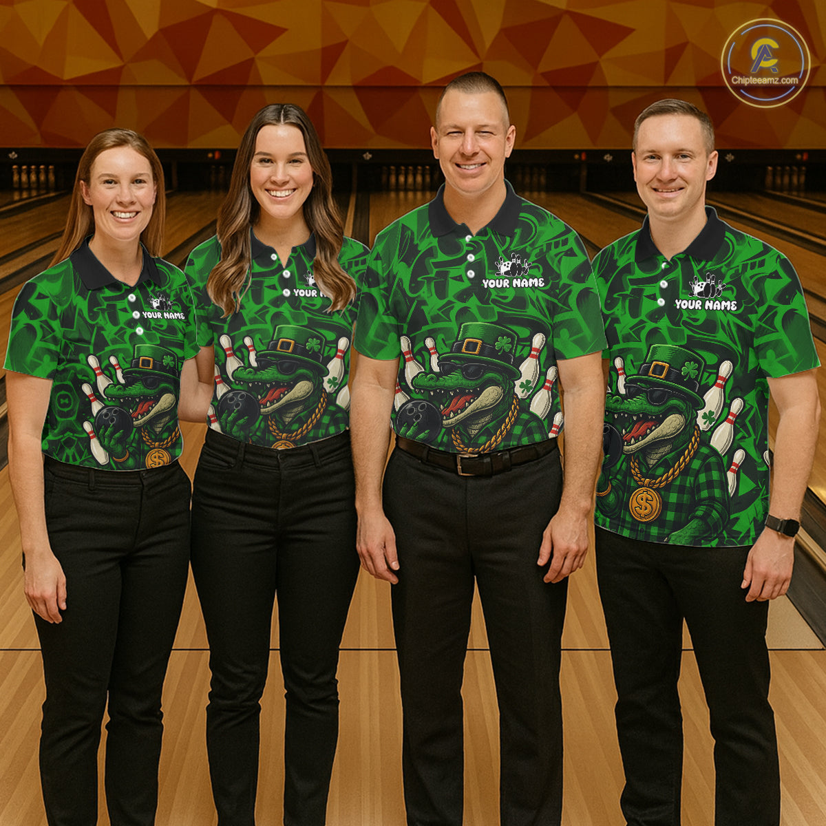 Funny Alligator Bowling Shirts For Women Custom Green graffiti pattern St Patrick Bowling Team Jersey NQS11161