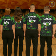 Load image into Gallery viewer, Black and Green Shamrock Funny Bowling Shirts For Men Custom St Patrick's Day Bowling Team Jersey NQS11163