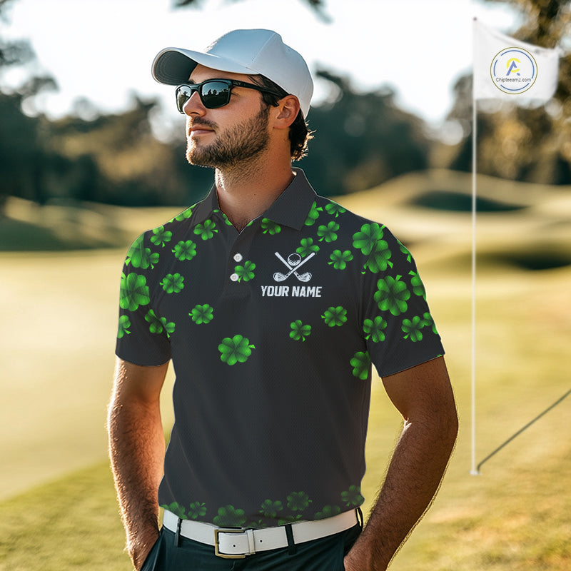 Black and Green Shamrock Funny Golf Polo Shirt For Men Custom St Patrick's Day mens golf outfit NQS11164
