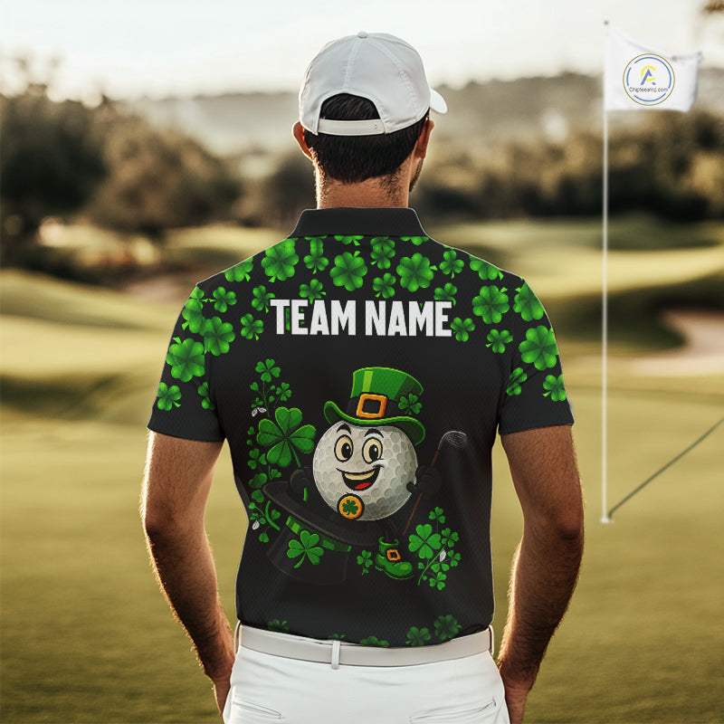 Black and Green Shamrock Funny Golf Polo Shirt For Men Custom St Patrick's Day mens golf outfit NQS11164