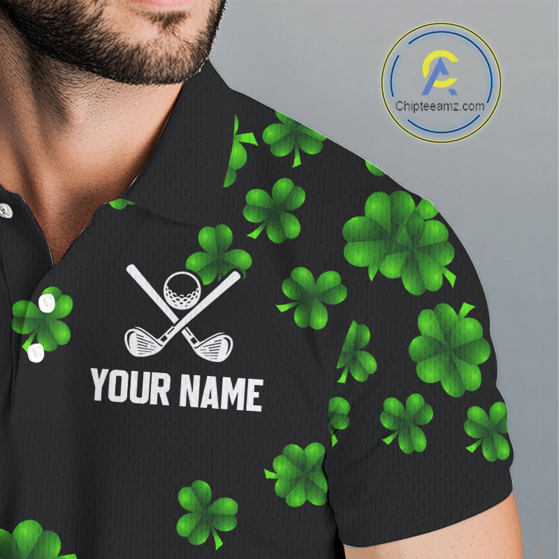 Black and Green Shamrock Funny Golf Polo Shirt For Men Custom St Patrick's Day mens golf outfit NQS11164