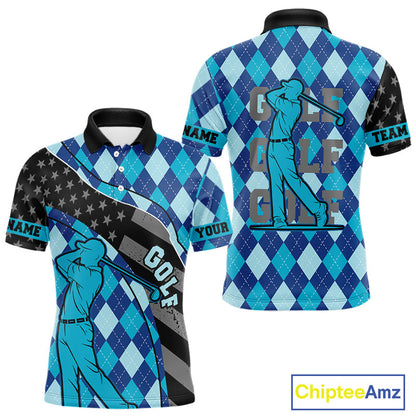 Personalized golf polo shirts for men blue argyle pattern black American Flag patriotic golf shirts NQS11368