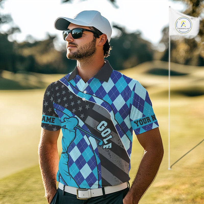 Personalized golf polo shirts for men blue argyle pattern black American Flag patriotic golf shirts NQS11368