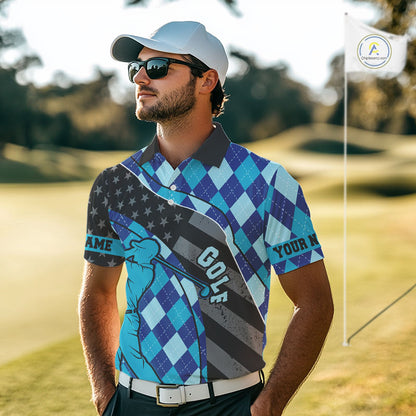 Personalized golf polo shirts for men blue argyle pattern black American Flag patriotic golf shirts NQS11368