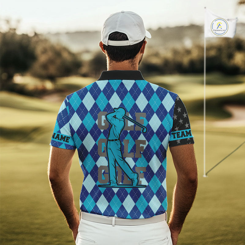 Personalized golf polo shirts for men blue argyle pattern black American Flag patriotic golf shirts NQS11368