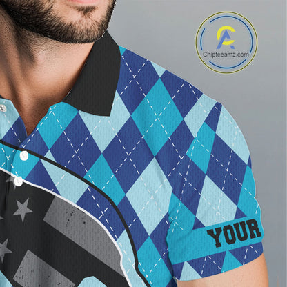 Personalized golf polo shirts for men blue argyle pattern black American Flag patriotic golf shirts NQS11368
