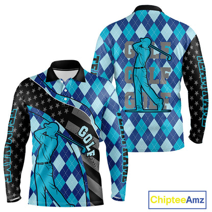 Personalized golf polo shirts for men blue argyle pattern black American Flag patriotic golf shirts NQS11368