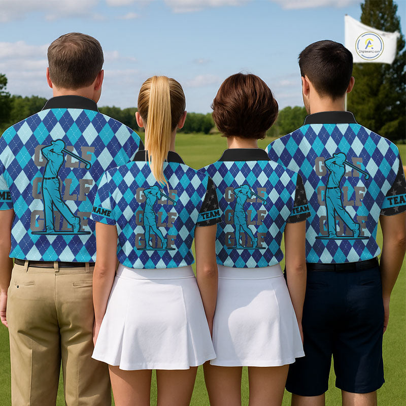 Personalized golf polo shirts for men blue argyle pattern black American Flag patriotic golf shirts NQS11368