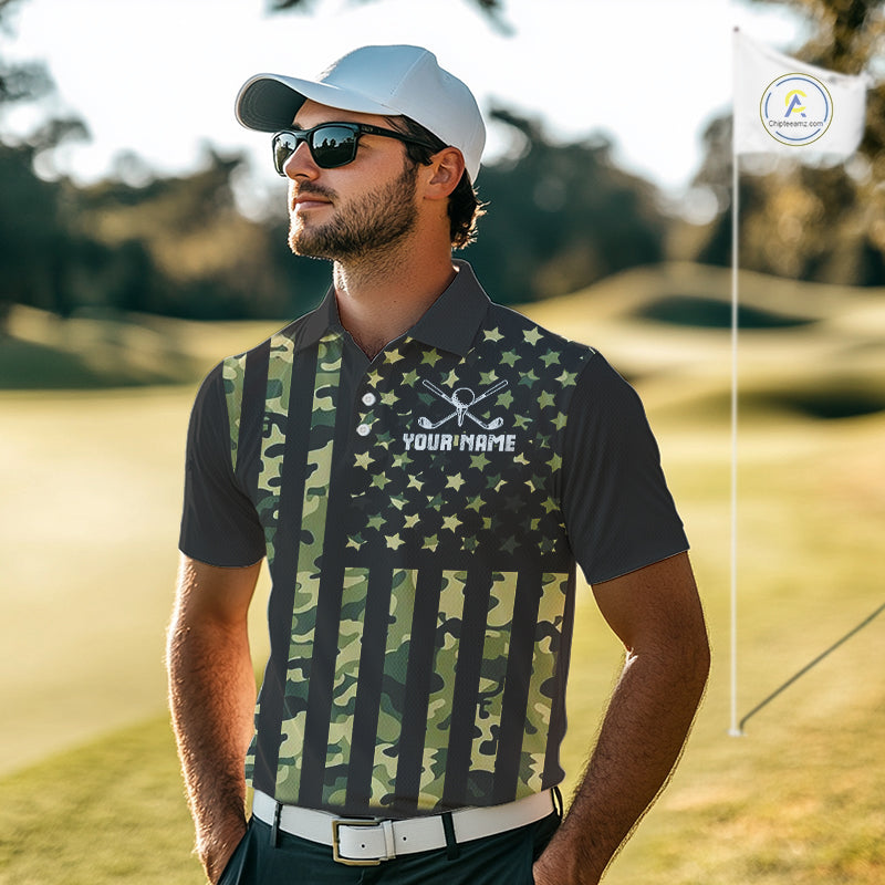 Black and Green Camo American Flag Golf Polo Shirts For Men Custom patriotic men's golf clothing NQS11178