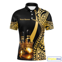 Load image into Gallery viewer, Black and Gold crown Bowling ball pins Polo, Quarter Zip Shirts for Men Custom Bowling Team jerseys NQS11592
