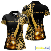 Load image into Gallery viewer, Black and Gold crown Bowling ball pins Polo, Quarter Zip Shirts for Women Custom Bowling Team jerseys NQS11592