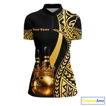 Load image into Gallery viewer, Black and Gold crown Bowling ball pins Polo, Quarter Zip Shirts for Women Custom Bowling Team jerseys NQS11592
