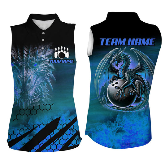 Black And Blue Custom Dragon Flame Bowling sleeveless polo Shirts, Dragon Fire Bowling Team Shirts NQS8498