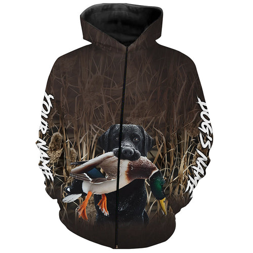 Duck Hunting with Dog Black Labrador Waterfowl Camo Custom Name Shirts, Duck Hunting Clothes FSD4536