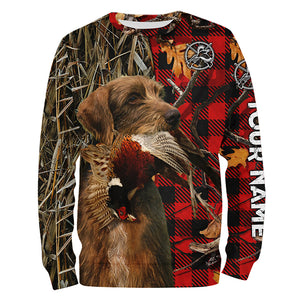 Pudelpointer Pheasant Hunting Dog Red Plaid Camo Custom Name Shirts, Christmas Gifts for Hunters FSD4245