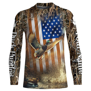 Duck Hunting American flag Waterfowl Camo Custom name Shirts for Men, Kid - Duck hunting gifts FSD2114