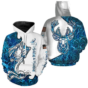 Fishing and Hunting Deer and Bass blue camo all over print Shirt, Hoodie - Personalized Gifts FSD3189