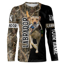 Load image into Gallery viewer, Duck Hunting with Dog Yellow Labrador Retriever Waterfowl Camo custom Name Shirts for Duck Hunters FSD4531