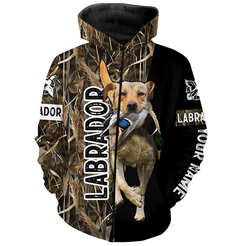 Duck Hunting with Dog Yellow Labrador Retriever Waterfowl Camo custom Name Shirts for Duck Hunters FSD4531