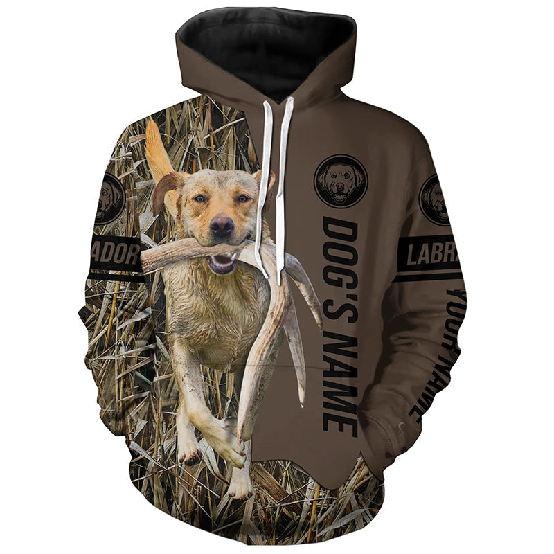 Yellow Labrador Retriever Hunting dog customized Name Shirt, camo and brown color FSD4670