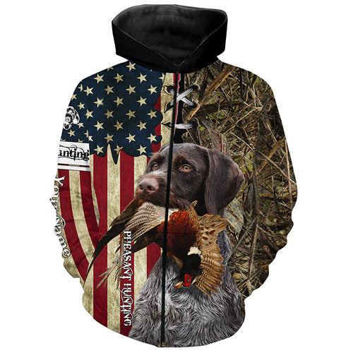 Deutsch Drahthaar Hunting Bird Dog Pheasant Hunter American flag full printing shirt, Hoodie FSD3247