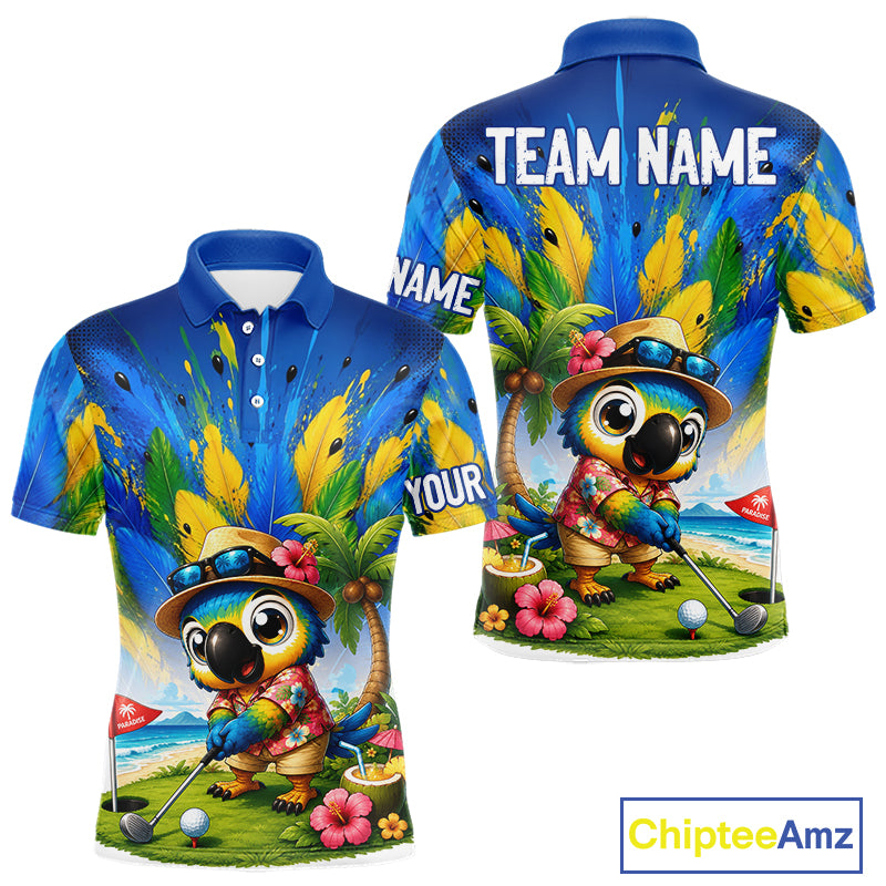Mens golf polo shirt with tropical parrot print, custom name and team, Hawaiian bird design.
